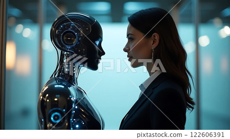 A professional woman and an advanced humanoid robot face each other in a futuristic corporate 122606391