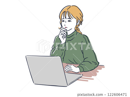 Woman thinking while working on a computer - Business, remote work, office scene 122606471