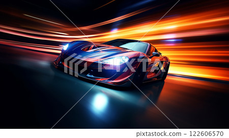 Rear view on modern  sports car in fast motion with blurred traffic lights at night 122606570