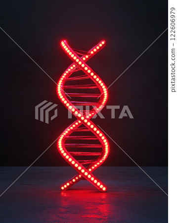 glowing red DNA strand sculpture illuminated against dark background, symbolizing life and genetics. This artistic representation captures essence of biological structure and innovation 122606979