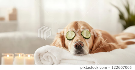 golden retriever relaxes with cucumber eye masks, surrounded by candles, creating serene atmosphere. This captures moment of tranquility and pampering for pets 122607005