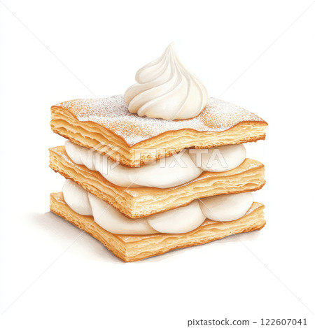 Layered mille feuille dessert with cream and powdered sugar, showcasing delightful texture and presentation. Perfect for sweet lovers and pastry enthusiasts Layered mille feuille dessert with cream and powdered sugar, showcasing delightful texture and presentation. Perfect for sweet lovers and pastry enthusiasts 122607041