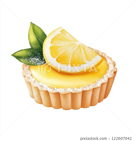 Lemon tart dessert with slice of lemon and mint leaves, bright colors evoke freshness and sweetness. Perfect for delightful treat! 122607042