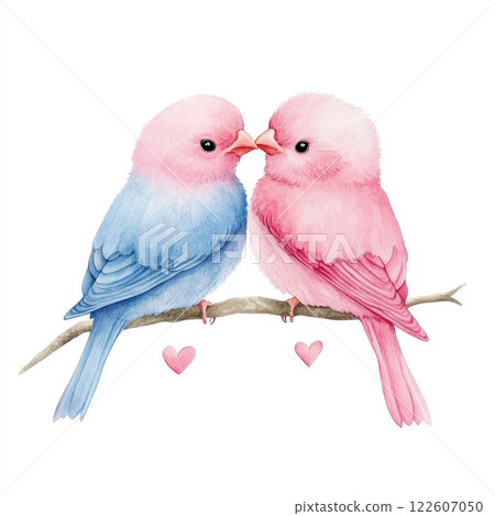 Cute lovebirds illustration with pink and blue feathers, symbolizing love and affection. Perfect for Valentine Day or romantic themes 122607050