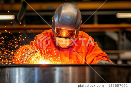 low angle shot of welder in protective gear, creating sparks while working on metal. bright orange sparks contrast with industrial background, showcasing intensity of welding process low angle shot of welder in protective gear, creating sparks while working on metal. bright orange sparks contrast with industrial background, showcasing intensity of welding process 122607051