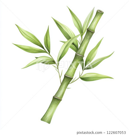 lucky bamboo stem symbolizes prosperity and good fortune, featuring vibrant green leaves and natural aesthetic. This watercolor illustration captures essence of growth and harmony 122607053