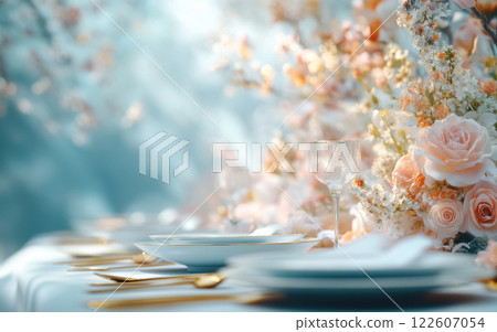 luxurious banquet table adorned with elegant floral arrangements, fine china, and sparkling glassware creates serene and inviting atmosphere for special occasion 122607054