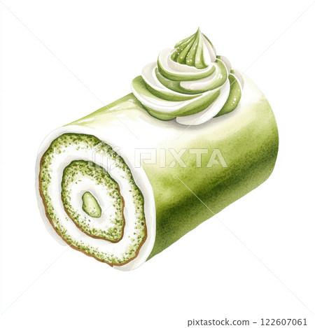 delicious matcha roll cake dessert featuring vibrant green layers and creamy frosting. This watercolor style illustration captures essence of this delightful treat 122607061