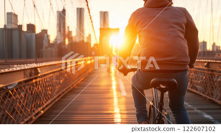 cyclist rides across bridge during vibrant sunrise, capturing morning rush 122607102