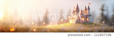 fantasy castle surrounded by magical landscape at sunset 122607106