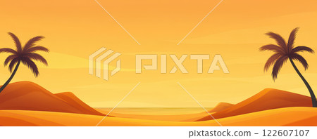 vibrant sunset over desert landscape with palm trees vibrant sunset over desert landscape with palm trees 122607107