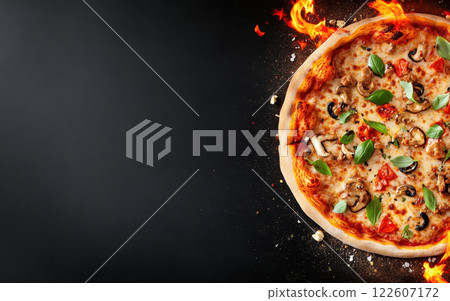 Fresh pizza with crispy crust, topped with mushrooms, tomatoes, and basil, surrounded by flames and spices, creating vibrant culinary scene Fresh pizza with crispy crust, topped with mushrooms, tomatoes, and basil, surrounded by flames and spices, creating vibrant culinary scene 122607172
