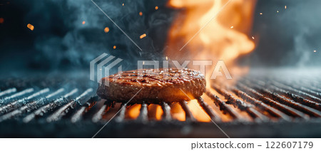 Sizzling steak on grill with flames and smoke creating intense atmosphere. juicy meat is perfectly seared, showcasing delicious cooking process 122607179