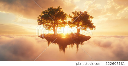 Surreal floating forest with two trees on cloud island at sunset, creating magical atmosphere. warm light enhances dreamlike quality of scene 122607181