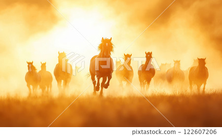 herd of wild horses galloping through sunlit meadow at sunset 122607206