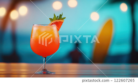 Refreshing cocktail with vibrant colors and beach backdrop Refreshing cocktail with vibrant colors and beach backdrop 122607265