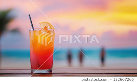 Refreshing cocktail with vibrant colors against sunset beach backdrop 122607266