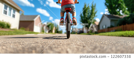 child riding bicycle down sunny suburban street, enjoying freedom child riding bicycle down sunny suburban street, enjoying freedom 122607338