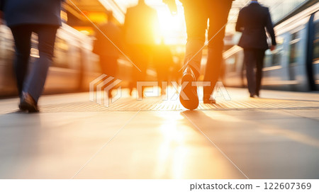 Walking commuters on busy subway platform during sunset 122607369