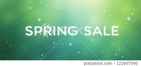 Spring Sale text on green gradient background with light particles. Abstract promotional banner template for seasonal advertising 122607500