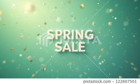 Spring Sale text in 3D style on green background with golden confetti. Festive seasonal banner for advertising and promotions 122607501