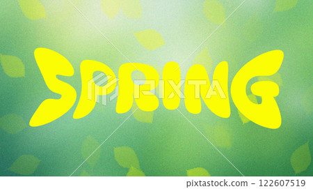 Yellow word Spring on green grainy texture gradient background with blurred leaves. Vibrant seasonal typography design for springtime themes 122607519