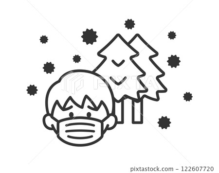 一名患有嚴重花粉症、戴著口罩的男子的圖示（線條圖） 122607720