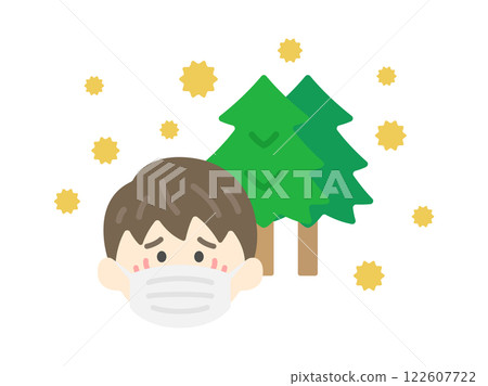 一名患有嚴重花粉症並戴口罩的男子的插圖 一名患有嚴重花粉症並戴口罩的男子的插圖 122607722