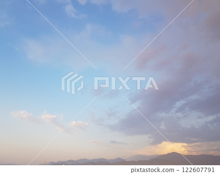 Pastel colour sky, dawn background. Blue sky with clouds and sun light 122607791
