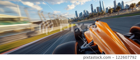 Dynamic driver perspective, orange Formula One car speeding down racetrack, blurring past pit lane wall and towards distant cityscape 122607792