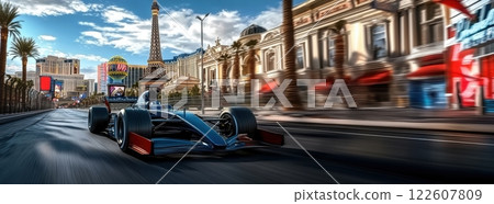 Formula One race car in blue and red speeds past iconic streets under vibrant sky. Glamour and competition of motorsport. 122607809