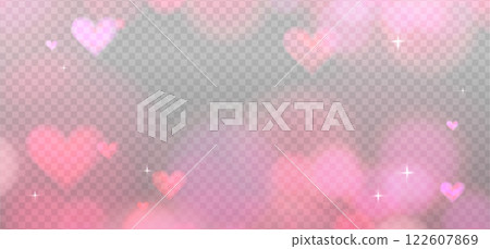 Abstract pink refraction glow and heart bokeh effect. Romantic crystal light leak flare reflection effect. Transparent Valentine s day refraction background. Vector overlay 122607869