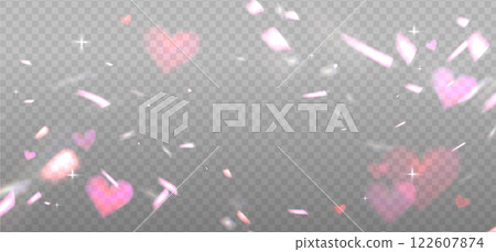 Prism pink romantic light sparkles overlay, crystal shine of heart light with flares. Prism light glasses or lens flare spectrum of gem glass refraction and sunlight shiny dispersion. Vector Prism pink romantic light sparkles overlay, crystal shine of heart light with flares. Prism light glasses or lens flare spectrum of gem glass refraction and sunlight shiny dispersion. Vector 122607874