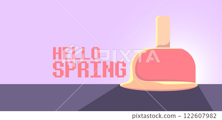 vector hello spring horizontal banner with flat melt ice cream isolated on violet sky background. Hello March Springtime background, poster, flyer and banner 122607982