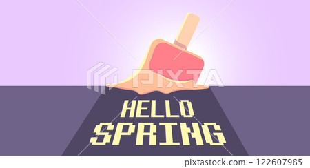 vector hello spring horizontal banner with flat melt ice cream isolated on violet sky background. Hello March Springtime background, poster, flyer and banner vector hello spring horizontal banner with flat melt ice cream isolated on violet sky background. Hello March Springtime background, poster, flyer and banner 122607985