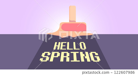 vector hello spring horizontal banner with flat melt ice cream isolated on violet sky background. Hello March Springtime background, poster, flyer and banner vector hello spring horizontal banner with flat melt ice cream isolated on violet sky background. Hello March Springtime background, poster, flyer and banner 122607986