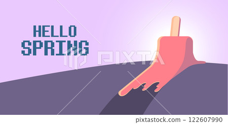 vector hello spring horizontal banner with flat melt ice cream isolated on violet sky background. Hello March Springtime background, poster, flyer and banner vector hello spring horizontal banner with flat melt ice cream isolated on violet sky background. Hello March Springtime background, poster, flyer and banner 122607990