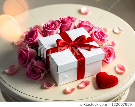 A white gift box tied with red ribbon surround with beautiful blooming pink roses and red heart. 122607999