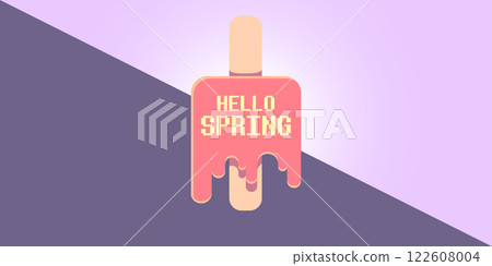 vector hello spring horizontal banner with flat melt ice cream isolated on violet sky background. Hello March Springtime background, poster, flyer and banner vector hello spring horizontal banner with flat melt ice cream isolated on violet sky background. Hello March Springtime background, poster, flyer and banner 122608004