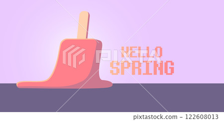 vector hello spring horizontal banner with flat melt ice cream isolated on violet sky background. Hello March Springtime background, poster, flyer and banner vector hello spring horizontal banner with flat melt ice cream isolated on violet sky background. Hello March Springtime background, poster, flyer and banner 122608013
