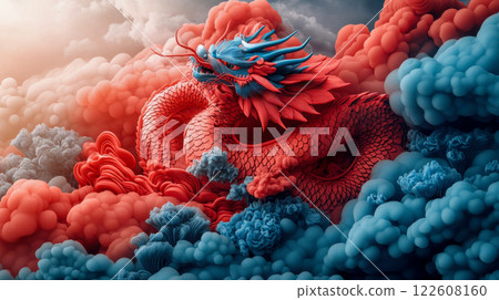 Ornate and colorful Chinese dragon sculpture in a traditional setting with detailed craftsmanship and artistic beauty 122608160