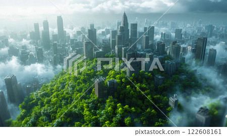 A futuristic cityscape with towering skyscrapers and dense green forests blending into the urban environment, depicting an eco-friendly metropolis 122608161