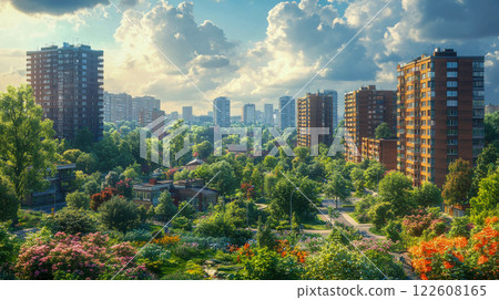 A modern residential area with apartment buildings harmoniously blending with lush greenery under a picturesque sky, emphasizing eco-conscious urban living 122608165