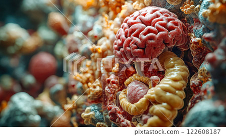 A surreal conceptual image blending a human brain with digestive system structures in an imaginative, artistic fusion 122608187