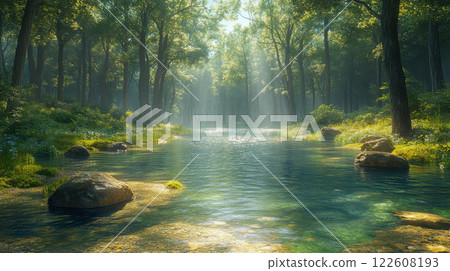 A peaceful river flowing through lush greenery and wildflowers under a bright sky, creating a tranquil nature scene 122608193