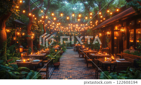 A beautifully set outdoor dining space illuminated by warm string lights, creating a cozy and inviting evening atmosphere 122608194