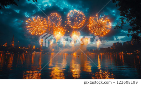 A stunning display of fireworks illuminating the night sky over a serene lake, reflecting vibrant bursts of light 122608199