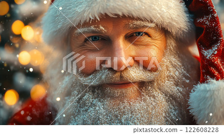 A cheerful Santa Claus with a white beard, red hat, and a warm smile, surrounded by sparkling Christmas lights and festive gifts 122608228