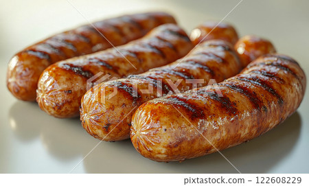 Juicy grilled sausages with perfect sear marks, glistening with oil, arranged on a white surface 122608229