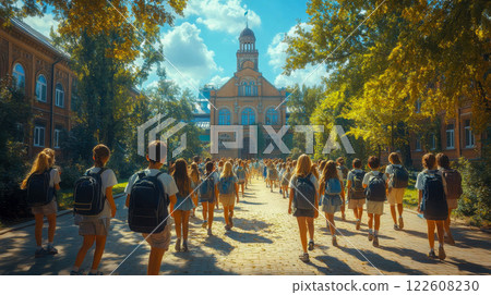 A joyful group of young schoolchildren in matching yellow jackets running outdoors on a sunny autumn day 122608230